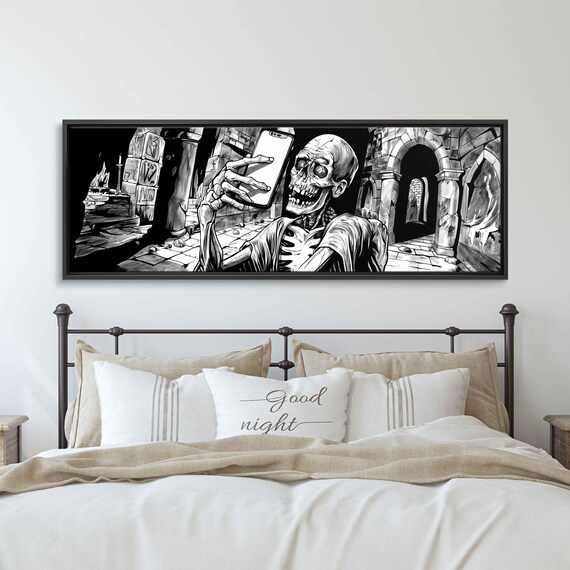 Skeleton Taking Selfie With Smartphone In Haunted Crypt Comic Ink Poster