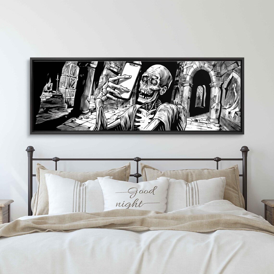 Skeleton Taking Selfie With Smartphone In Haunted Crypt Comic Ink Poster