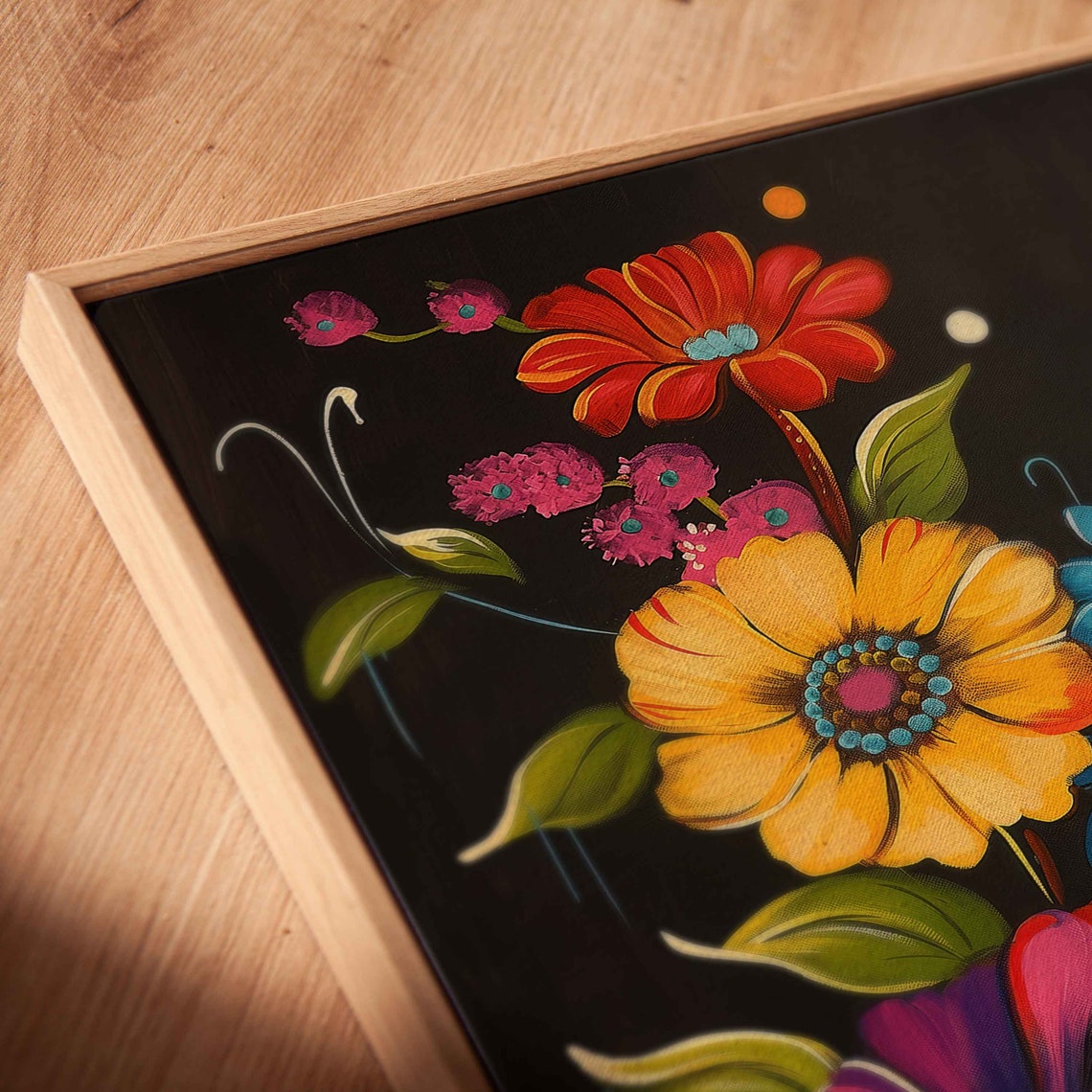 Folk Art Wildflowers Black Background Red Yellow Blue Blooms Poster - Image 2