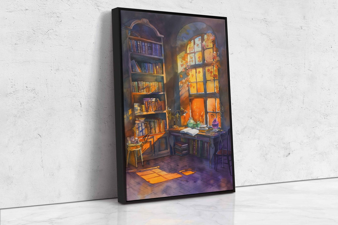 Whimsical Witches Magical Library With Light Shining Through Glass Watercolor Wall Art Print Ready To Hang - Image 4