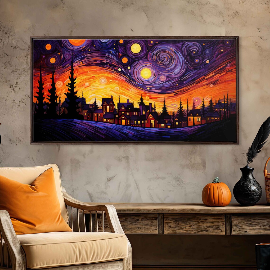 Van Gogh-Inspired Spooky Halloween Town Art Print
