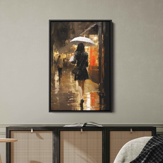 Woman White Umbrella Rainy Night Street Impressionist Painting Wall Art Print