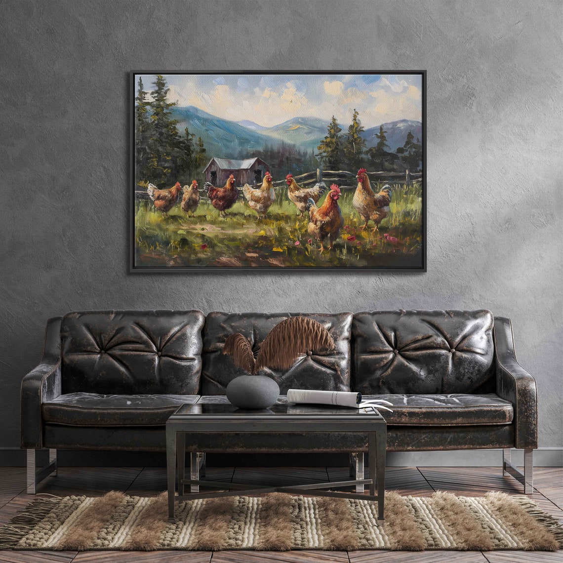 Chickens Roaming Farmyard Rustic Barn Mountains Pine Forest Painting - Image 3