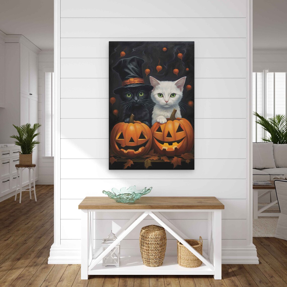 Halloween Cat Pair Jack O Lanterns Witch Hat Cute Black White Cats Poster - Image 4