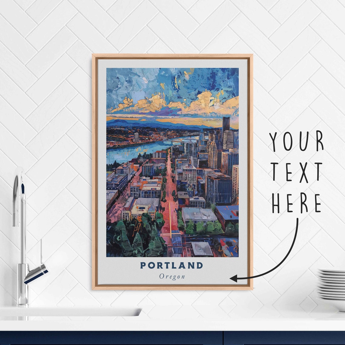 Portland Oregon Sunset River City Skyline Golden Clouds Travel Poster