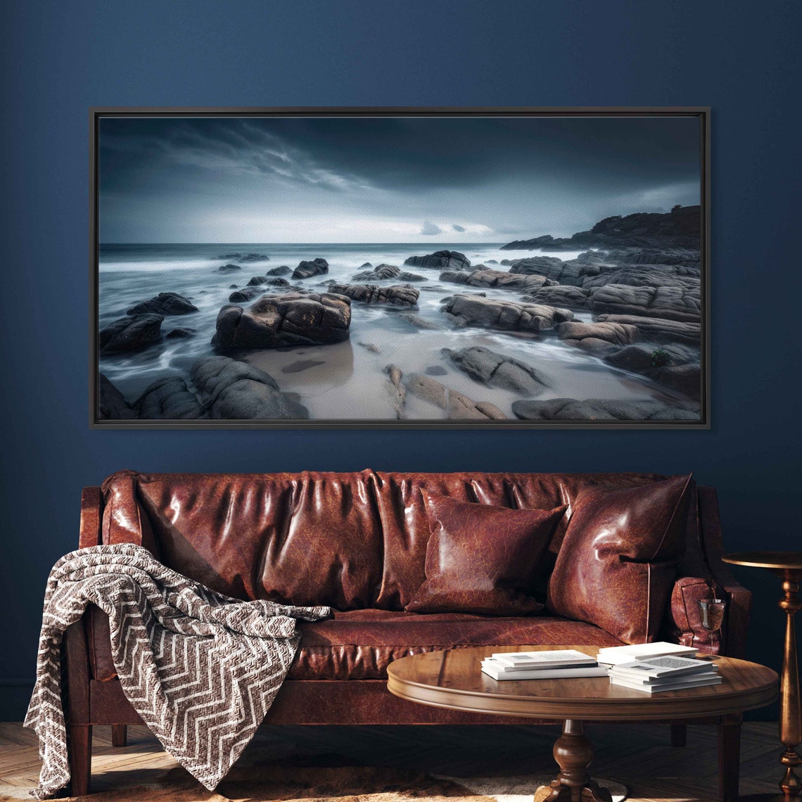 Dark Stormy Rocky Beach Misty Waves Moody Twilight Seascape Poster - Image 3
