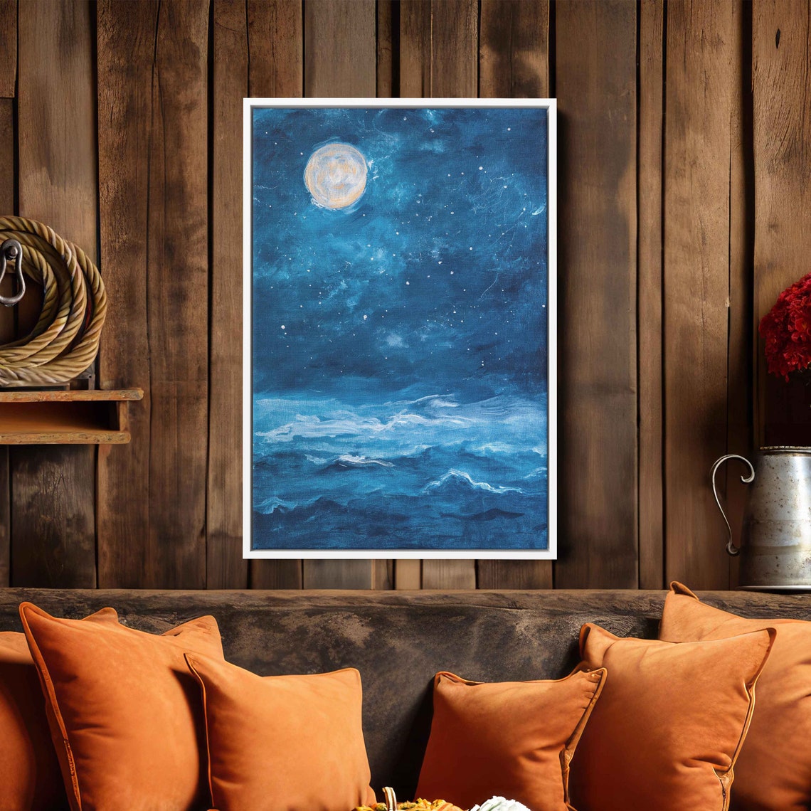 Full Moon Over Ocean Night Waves Starry Blue Seascape Art Poster - Image 3
