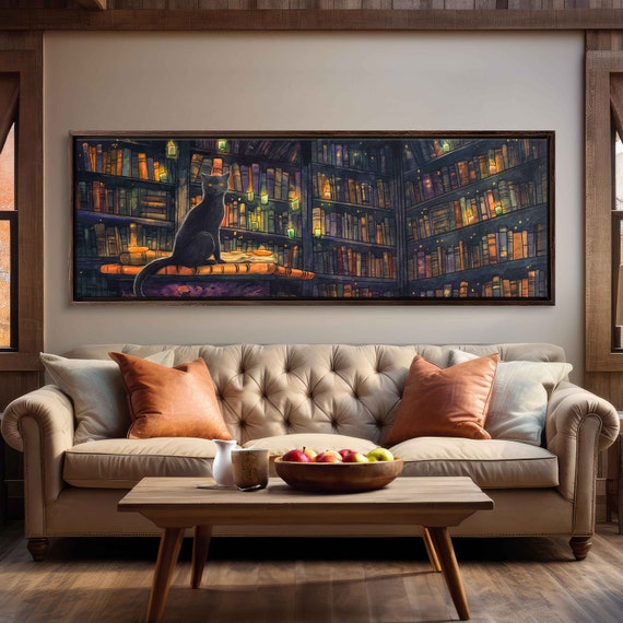 Black Cat Sitting On Books In Witches Library Wall Art Print Burning Candles Candlelight Animal Painting Ready To Hang