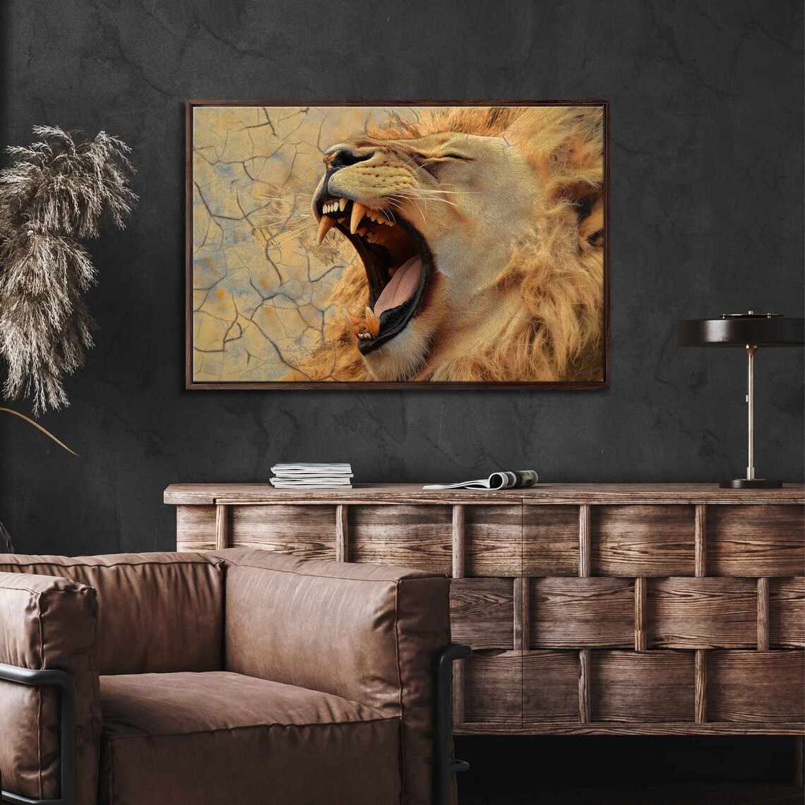 Yawning Lion Closeup Cracked Earth Background Big Cat Wall Art Print