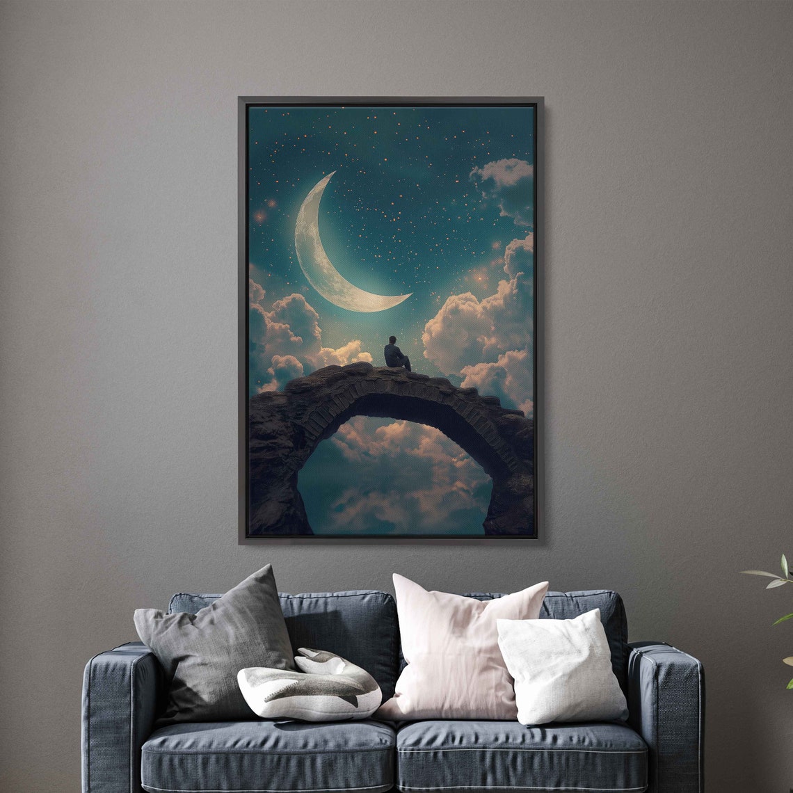 Man Sitting On Bridge Looking At Crescent Moon Above Clouds Hyperrealism Photo Wall Art Print Impressionism Ready To Hang - Image 2