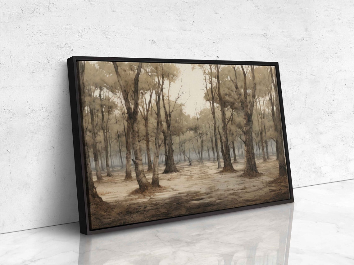 Peaceful Tree Grove Walkway Vintage Neutral Nature Painting Print - Image 4