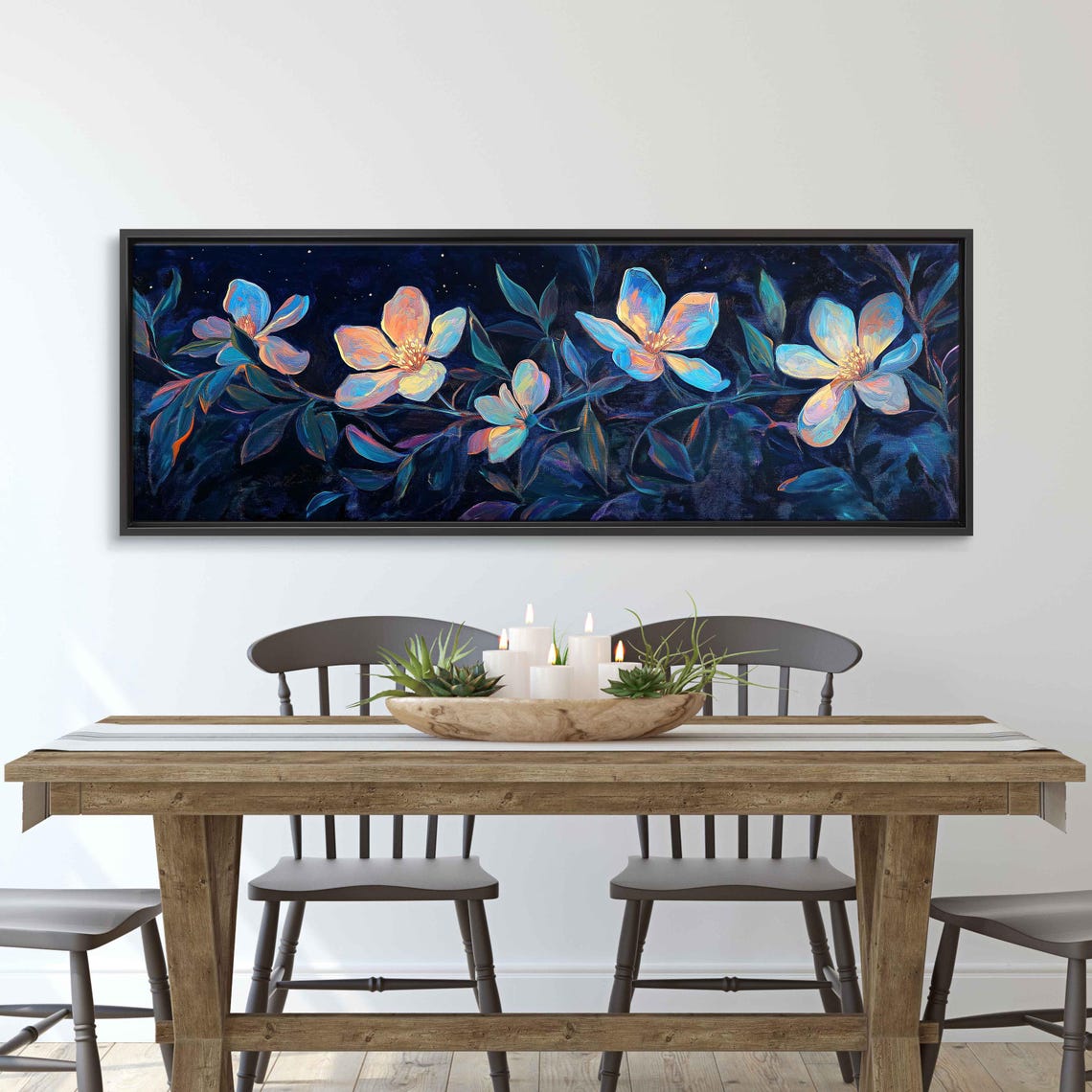 Glowing Moonlit Flowers Iridescent Blue Night Blossom Art Poster - Image 3