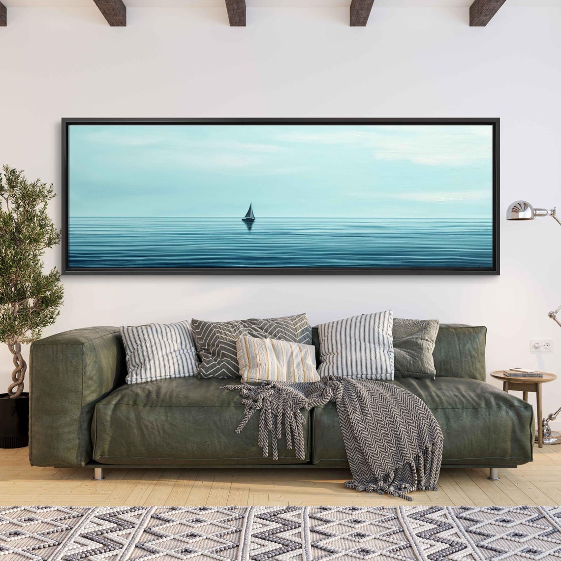 Distant Sailboat On Vast Teal Sea Ultra Minimal Panoramic Poster - Image 3