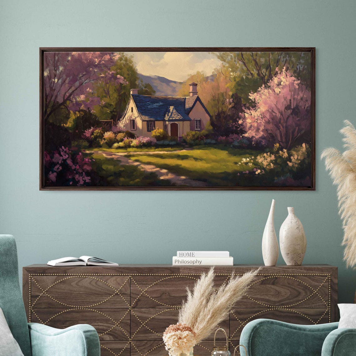 Charming Cottage Among Pink Spring Blossoms Landscape Painting Poster - Image 3