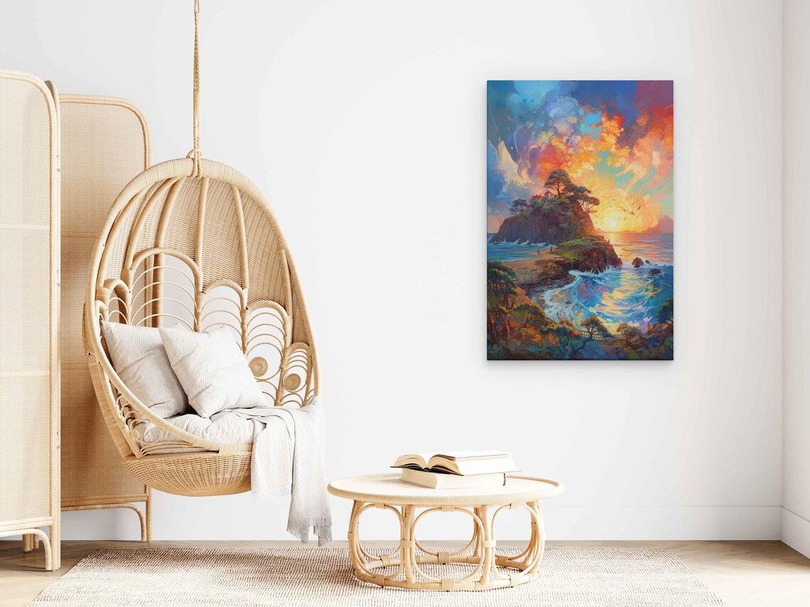 Dramatic Coastal Headland Sunset Oil Painting Waves Rocks Cliffs Travel Poster - Image 3