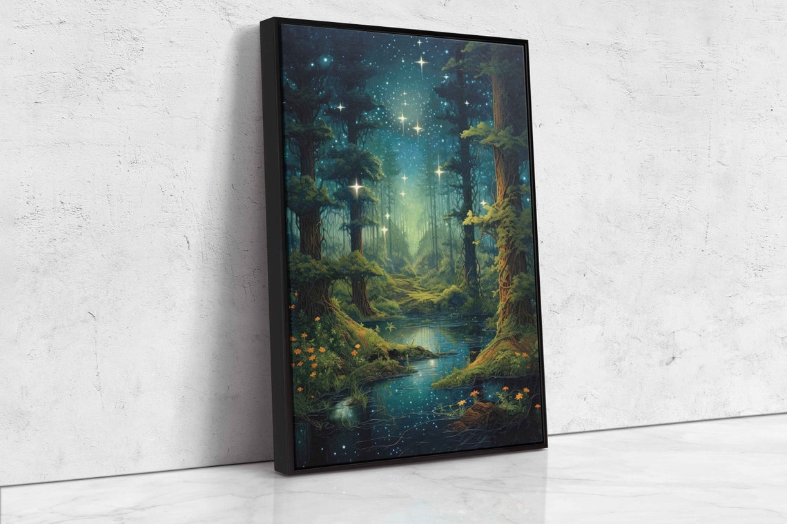 Enchanted Forest Starry Night Stream Magical Woods Glowing Poster - Image 4
