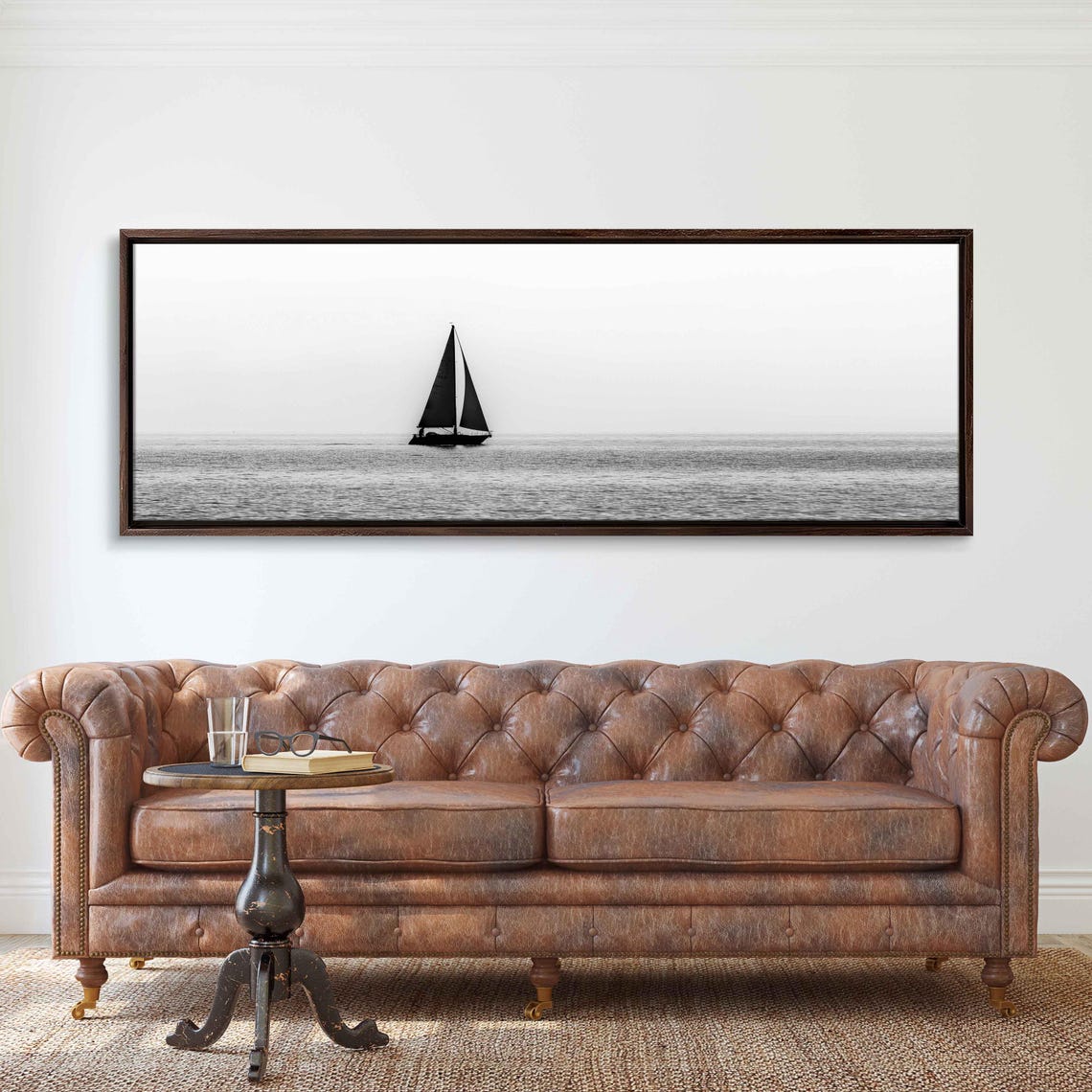 Lone Sailboat Dark Sails Gray Sea Monochrome Panoramic Poster - Image 3