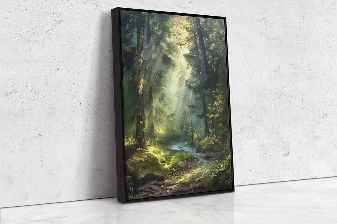River Running Through Middle Of Forest With Sunlight Shining Through Trees Wall Art Print Nature Poster Ready To Hang - Image 4