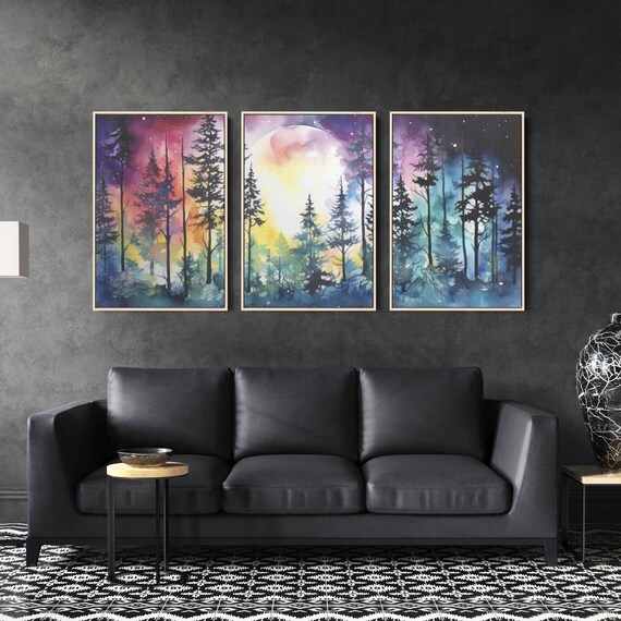 Moonlit Forest Watercolor Painting 3 Piece Wall Art Framed Print Ready To Hang Triptych Wall Art