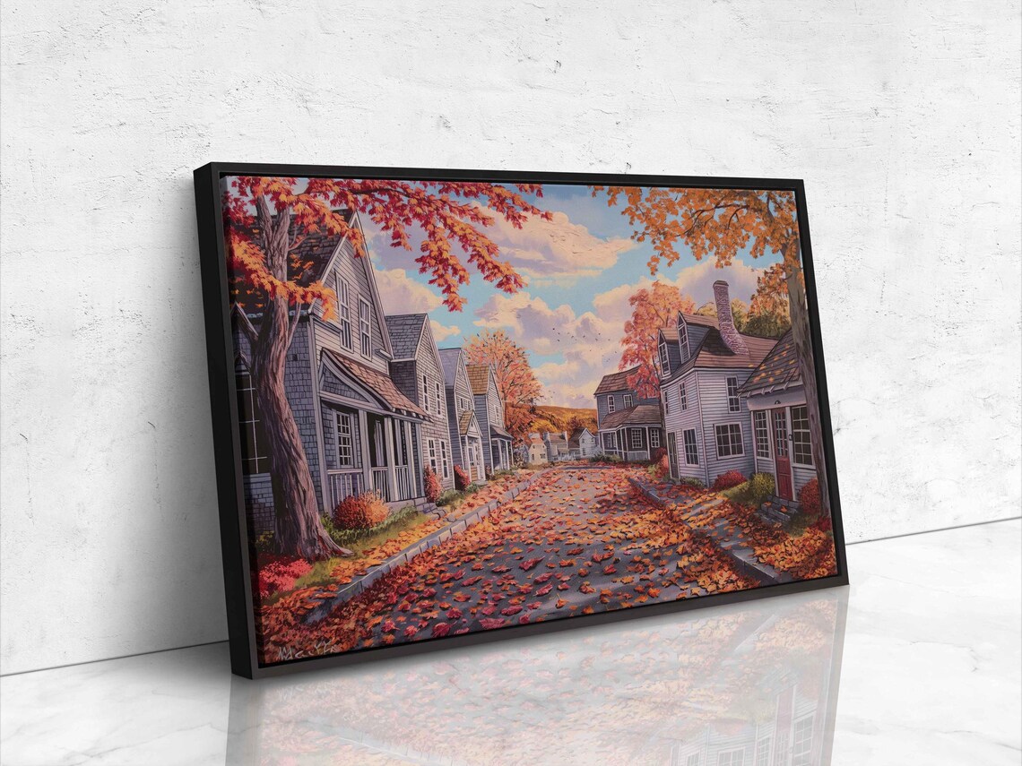Charming Village Street In Autumn Leaf Covered Road Painting Poster - Image 4