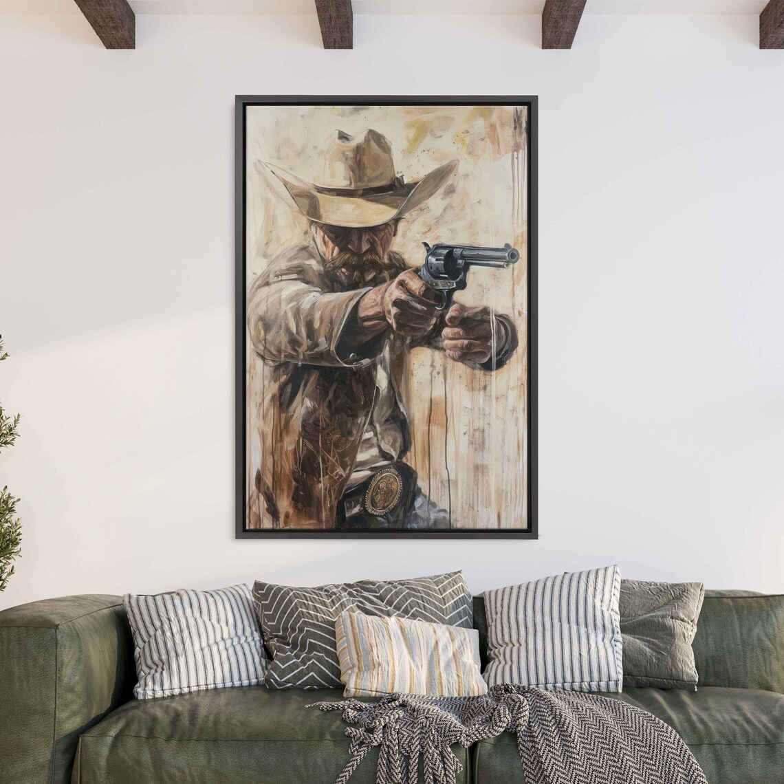 Cowboy Gunslinger Drawing Revolver Vintage Cream Western Poster