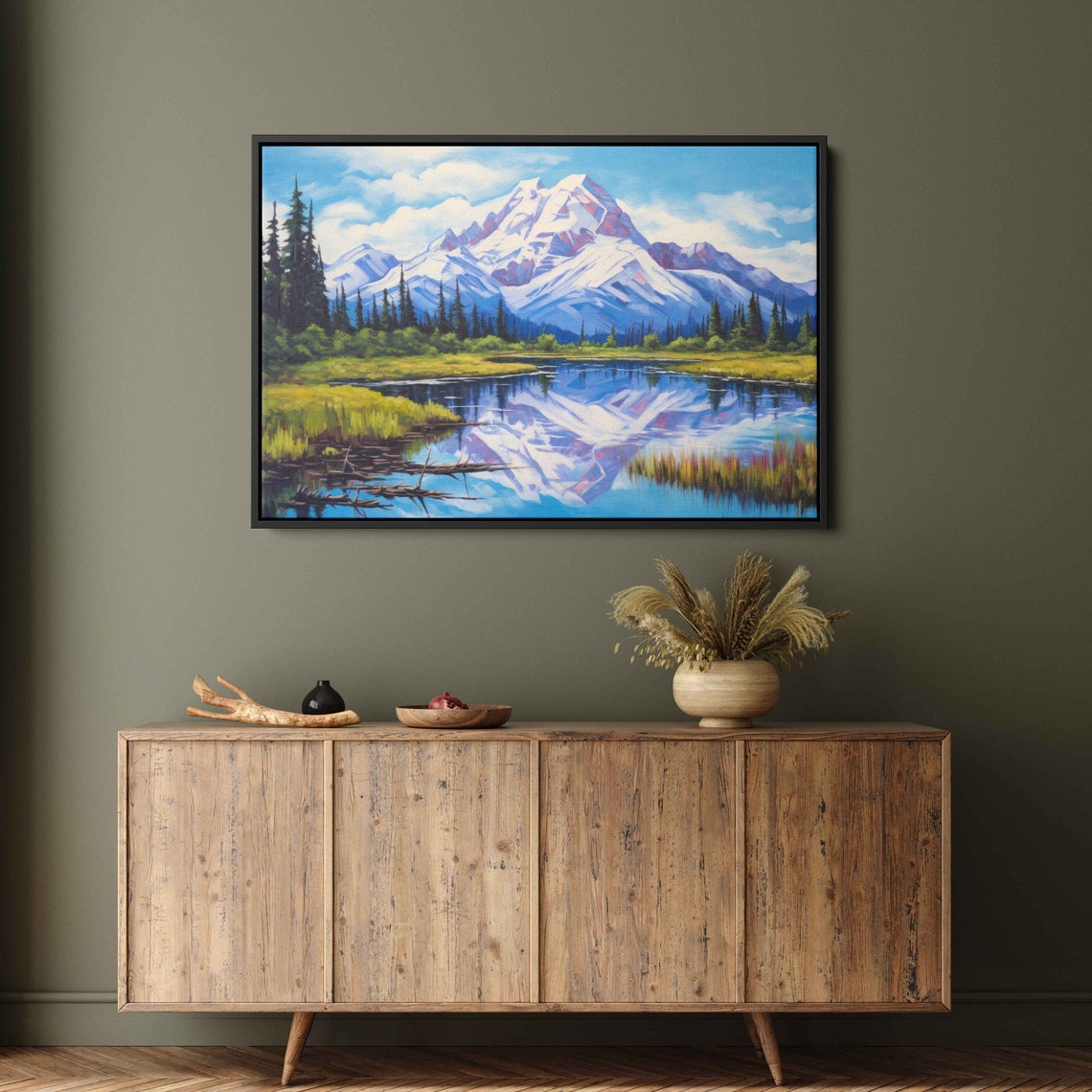 Snowy Mountain Peak Lake Reflection Pine Forest Summer Painting Poster - Image 3