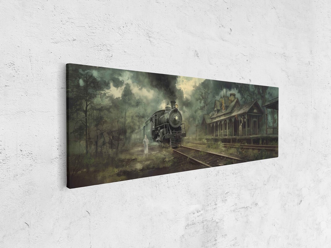 Haunted Train Station Steam Locomotive Ghostly Figures Misty Night Poster - Image 4