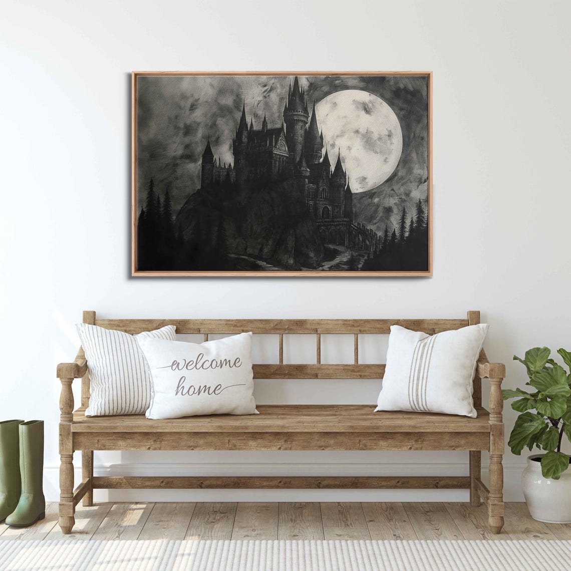 Gothic Castle on Hill Under Full Moon Dark Forest Halloween Art Poster