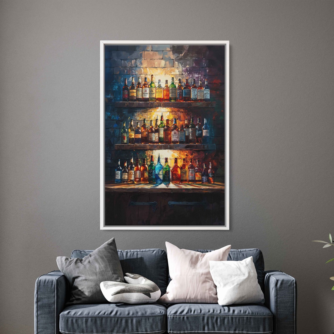 Whiskey Bottles on Wooden Shelves Moody Brick Bar Backlit Art Poster - Image 3