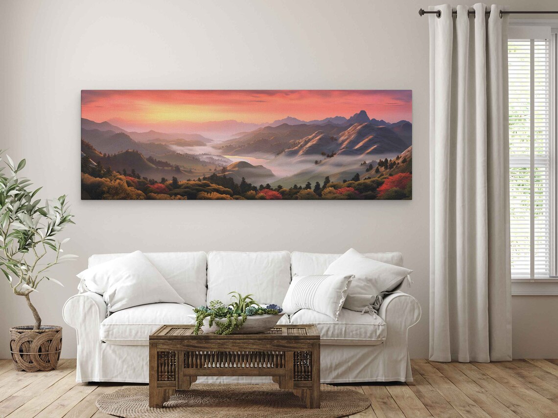 Panoramic Mountain Landscape Foggy Rolling Hills Sunset Sky Print On Ready To Hang - Image 4