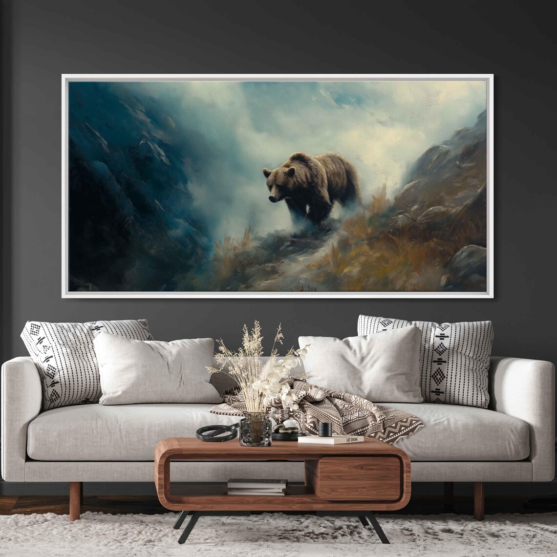 Grizzly Bear Emerging From Fog Mountain Trail Dramatic Oil Painting Print