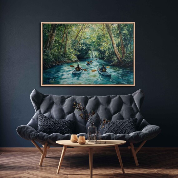 Kayakers Navigating Dense Forest River Art Print