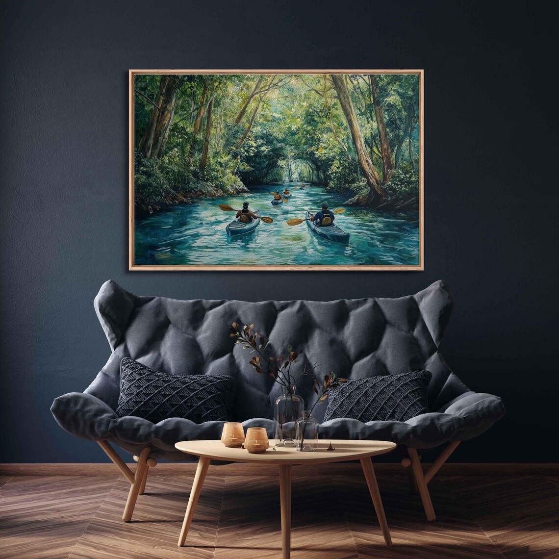 Kayakers Navigating Dense Forest River Art Print
