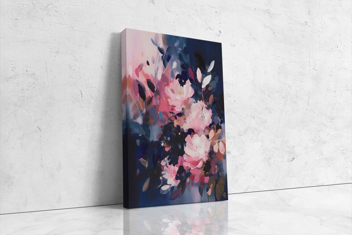 Abstract Pink Peonies On Dark Navy Background Expressive Floral Print - Image 4