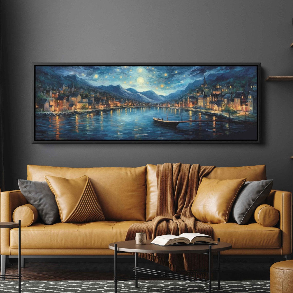 Starry Night River Town Van Gogh Style Oil Painting Night Sky Poster - Image 2