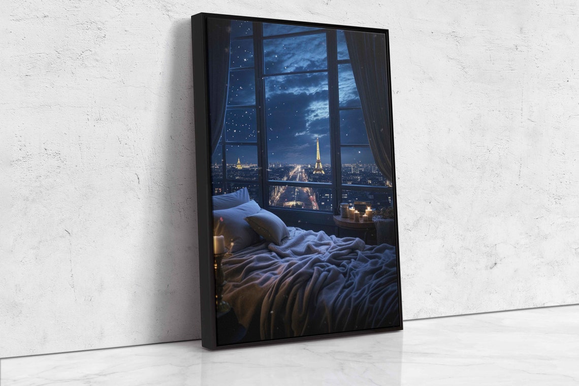 Eiffel Tower Starry Night View From Cozy Bed Window Candles Poster - Image 4