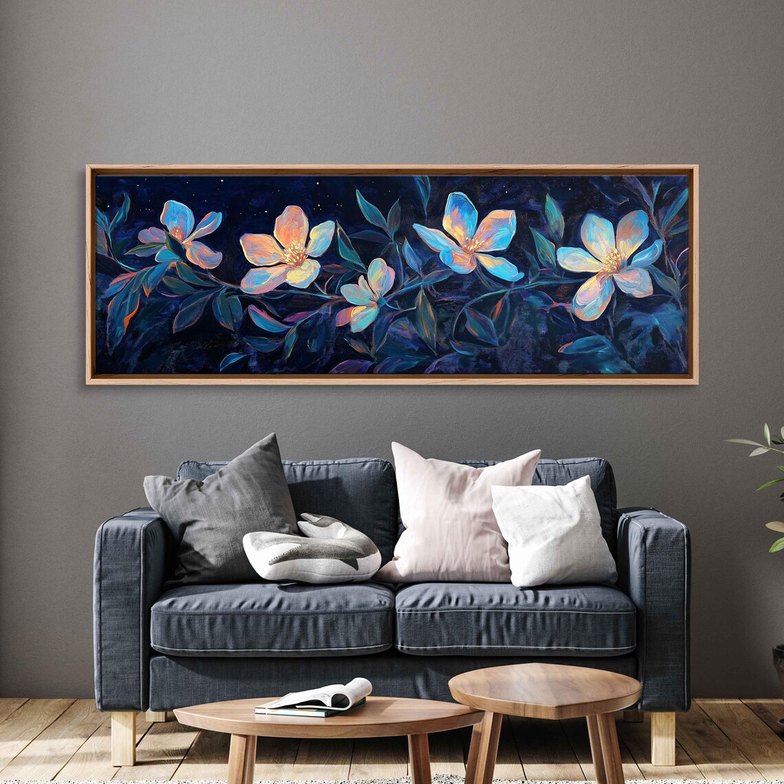 Glowing Moonlit Flowers Iridescent Blue Night Blossom Art Poster