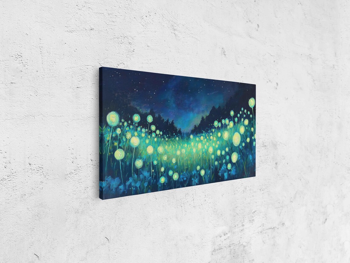 Dreamlike Field Of Glowing Neon Flowers Under Starry Night Sky Print - Image 4