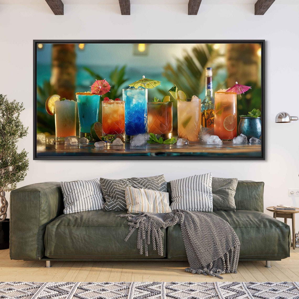 Panaramic Cocktail Photo Palm Trees In Sunset Vibrant Color Wall Art Print Ready To Hang