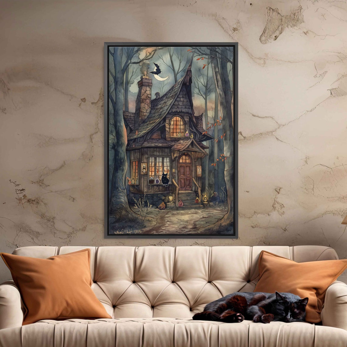 Cozy Witch Cottage Woods Black Cat Flying Broom Moon Halloween Print - Image 3
