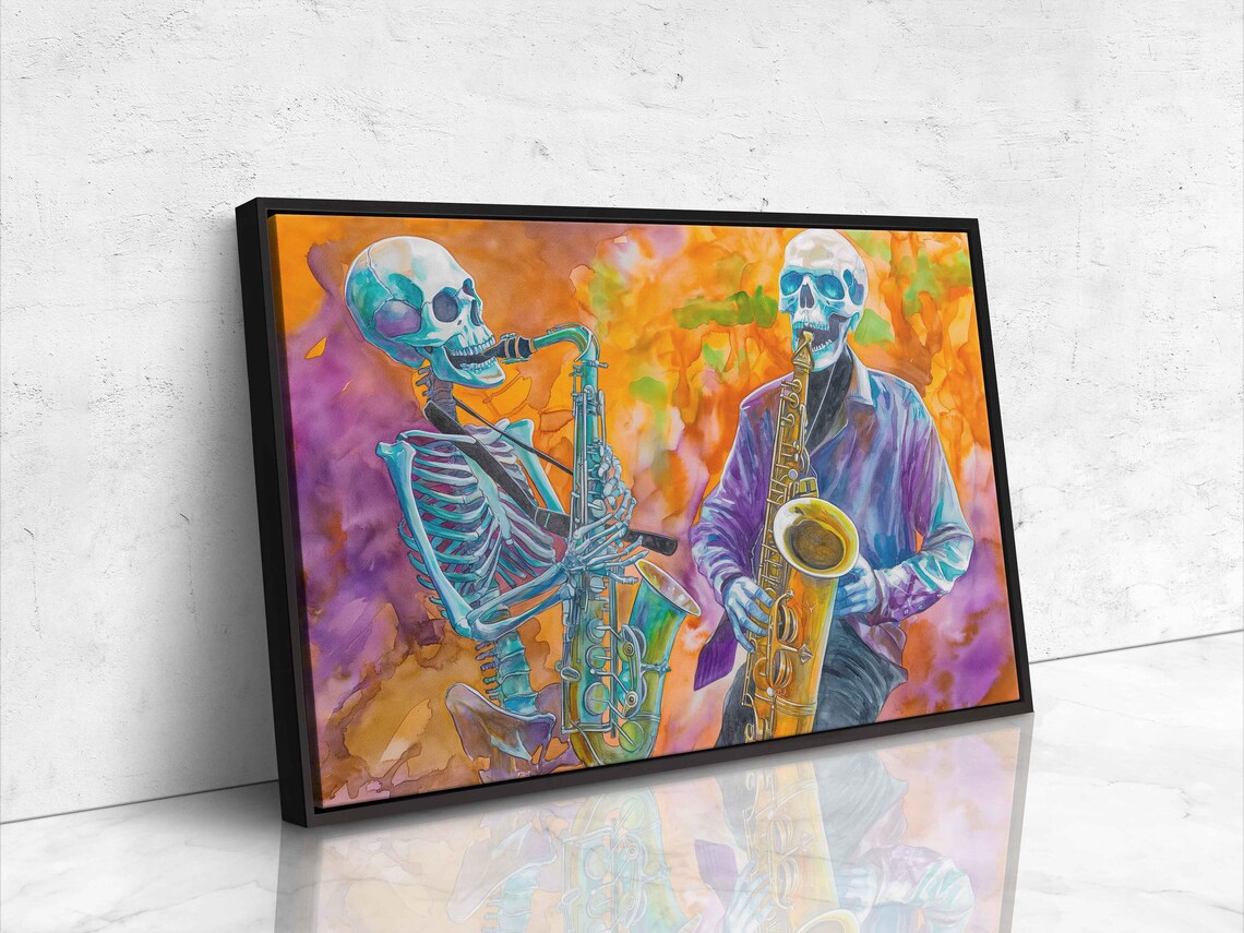 Skeletons Playing Saxophones Watercolor Jazz Halloween Poster - Image 4