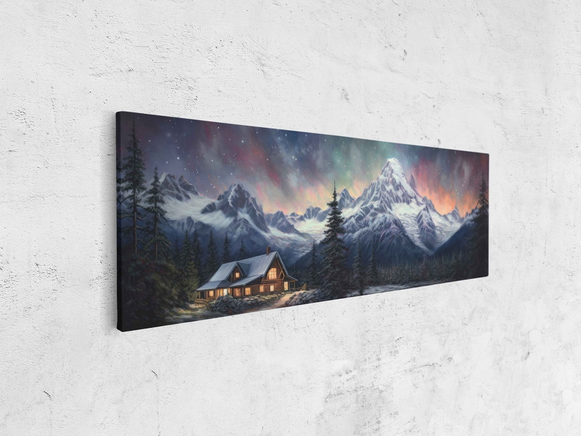 Cabin Below Towering Snowy Peak Colorful Starry Night Sky Poster - Image 4
