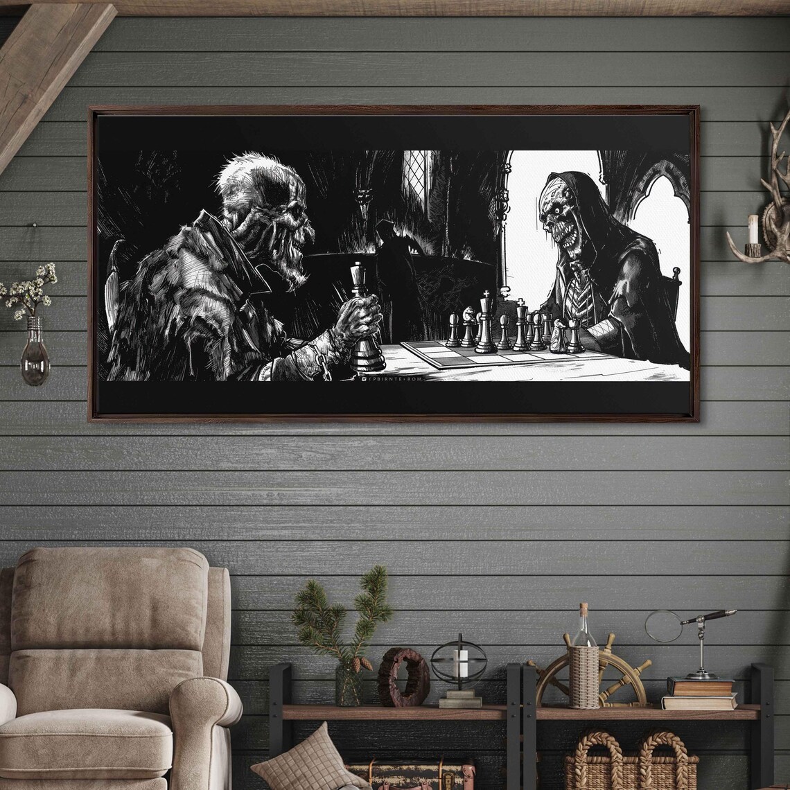 Gothic Ghoul Playing Chess With Vampire Dark Comic Ink Halloween Poster