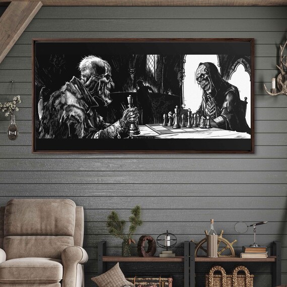 Gothic Ghoul Playing Chess With Vampire Dark Comic Ink Halloween Poster