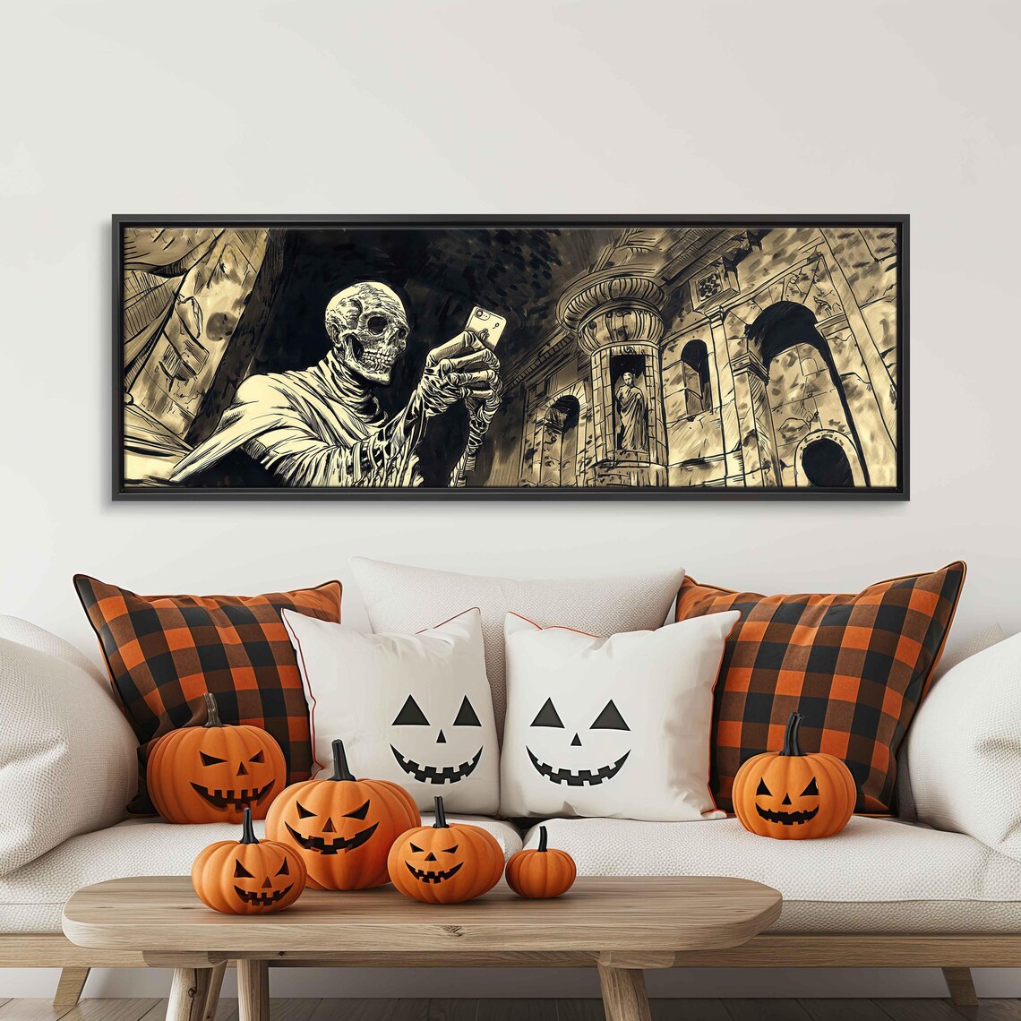 Funny Skeleton Taking Selfie With Smartphone In Ancient Crypt Ink Poster