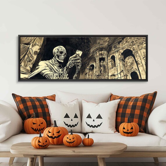 Funny Skeleton Taking Selfie With Smartphone In Ancient Crypt Ink Poster