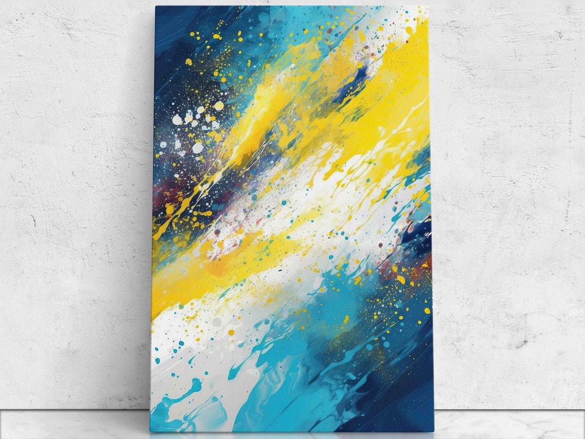 Yellow And Blue Abstract Splatter Painting Bold Modern Vertical Print