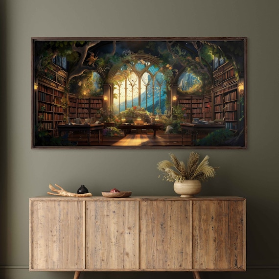Enchanted Treehouse Library Night Glowing Windows Fireflies Fantasy Poster