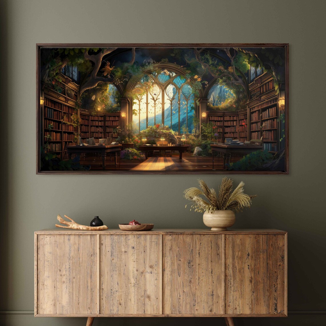 Enchanted Treehouse Library Night Glowing Windows Fireflies Fantasy Poster