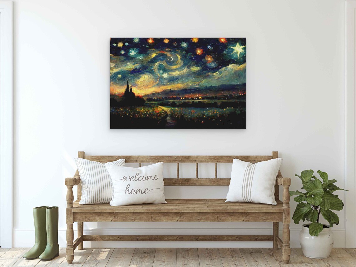 Starry Night Sky Swirling Stars Over Countryside Impressionist Art Poster - Image 2
